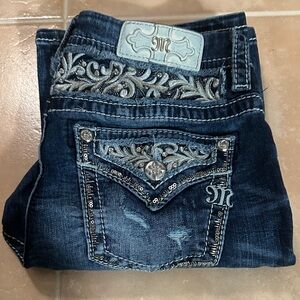 EUC Miss Me Jeans Easy Boot Women Size 28 Jeweled Flap Pockets Distressed